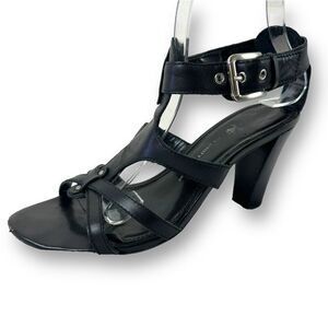 Franco Sarto Women's 8 Ibiza Chunky‎ Buckle Stacked Heel Sandals Black Leather